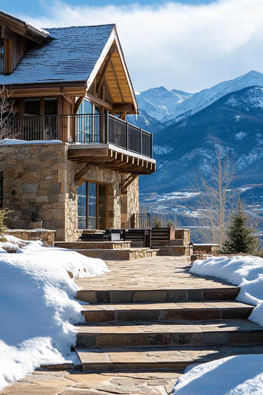 Stone house with snowy mountain backdrop