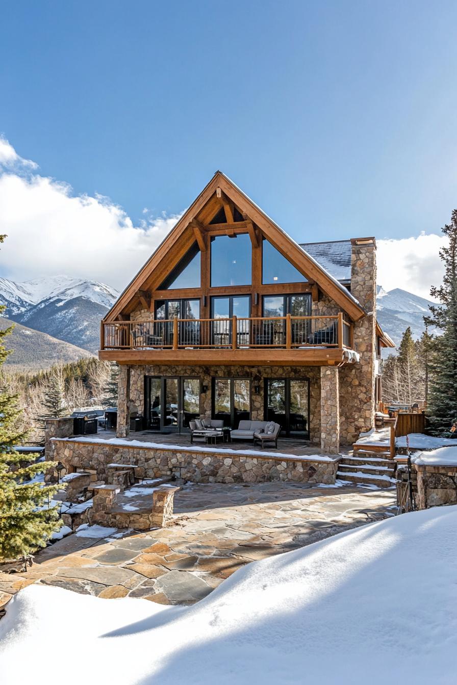 A-Frame cabin with stone exterior and mountain views