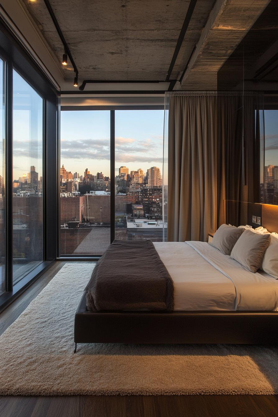 Penthouse bedroom with panoramic city views through floor-to-ceiling windows