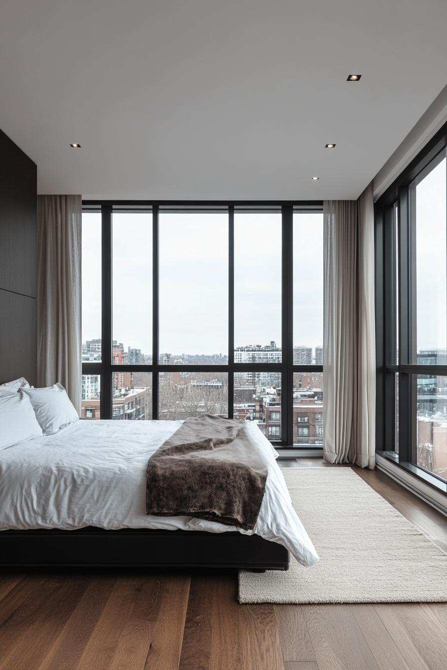 A stylish bedroom with expansive windows and city views