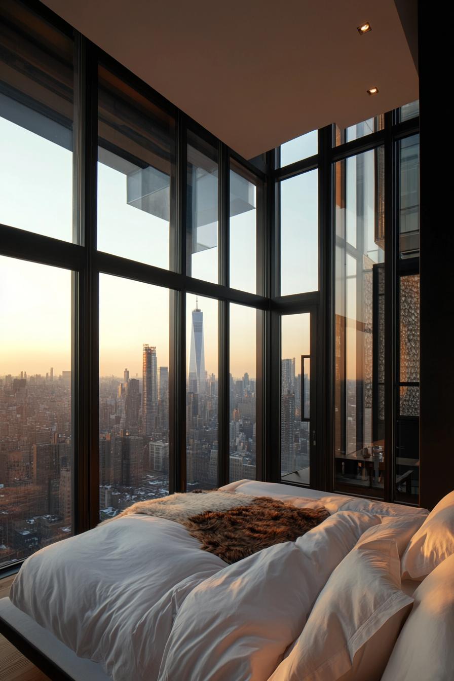 High-rise bedroom with panoramic city views