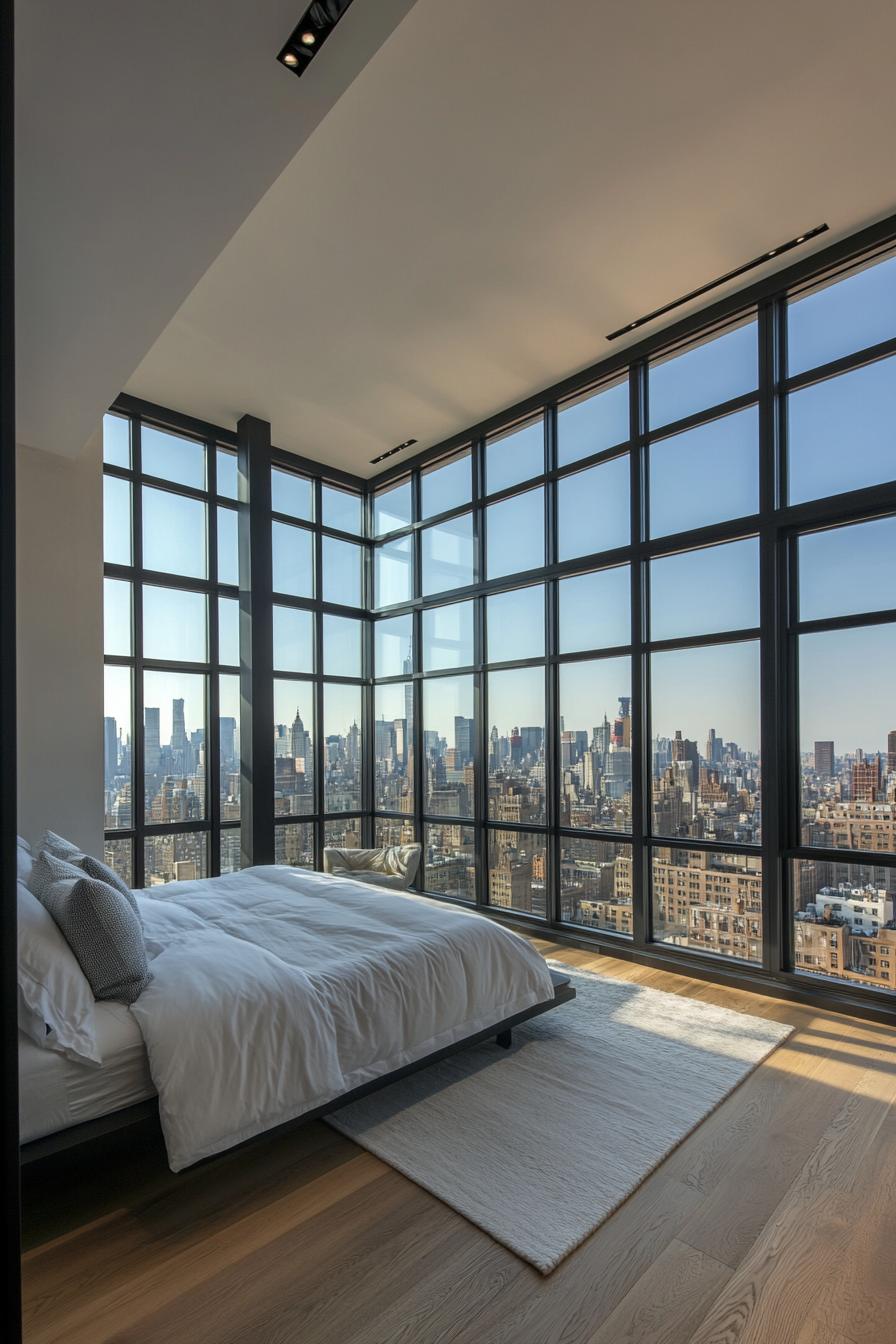 Spacious penthouse bedroom with expansive city views