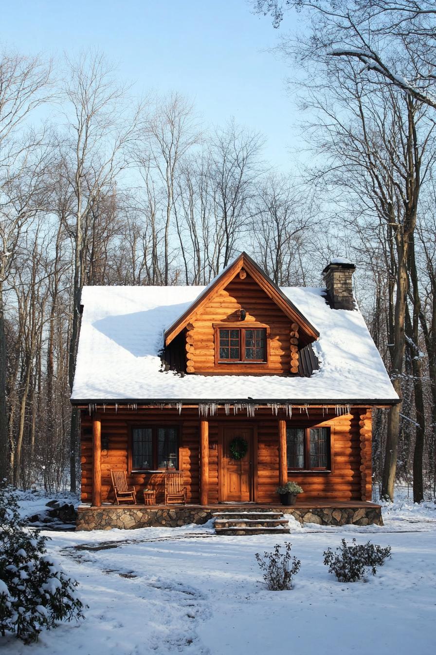 Log cabin in snowy woods, surrounded by trees