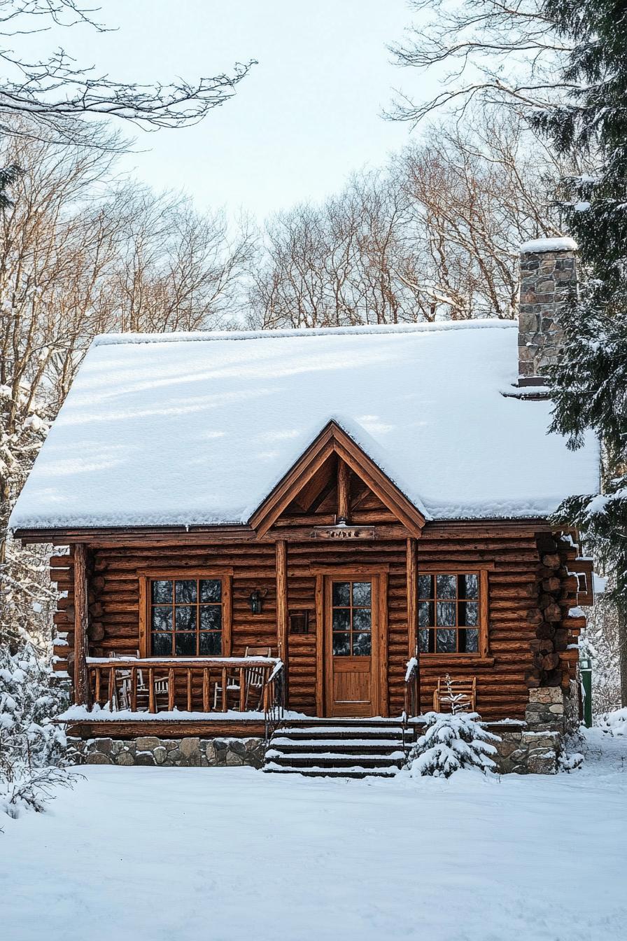 Quaint log cabin nestled in snow