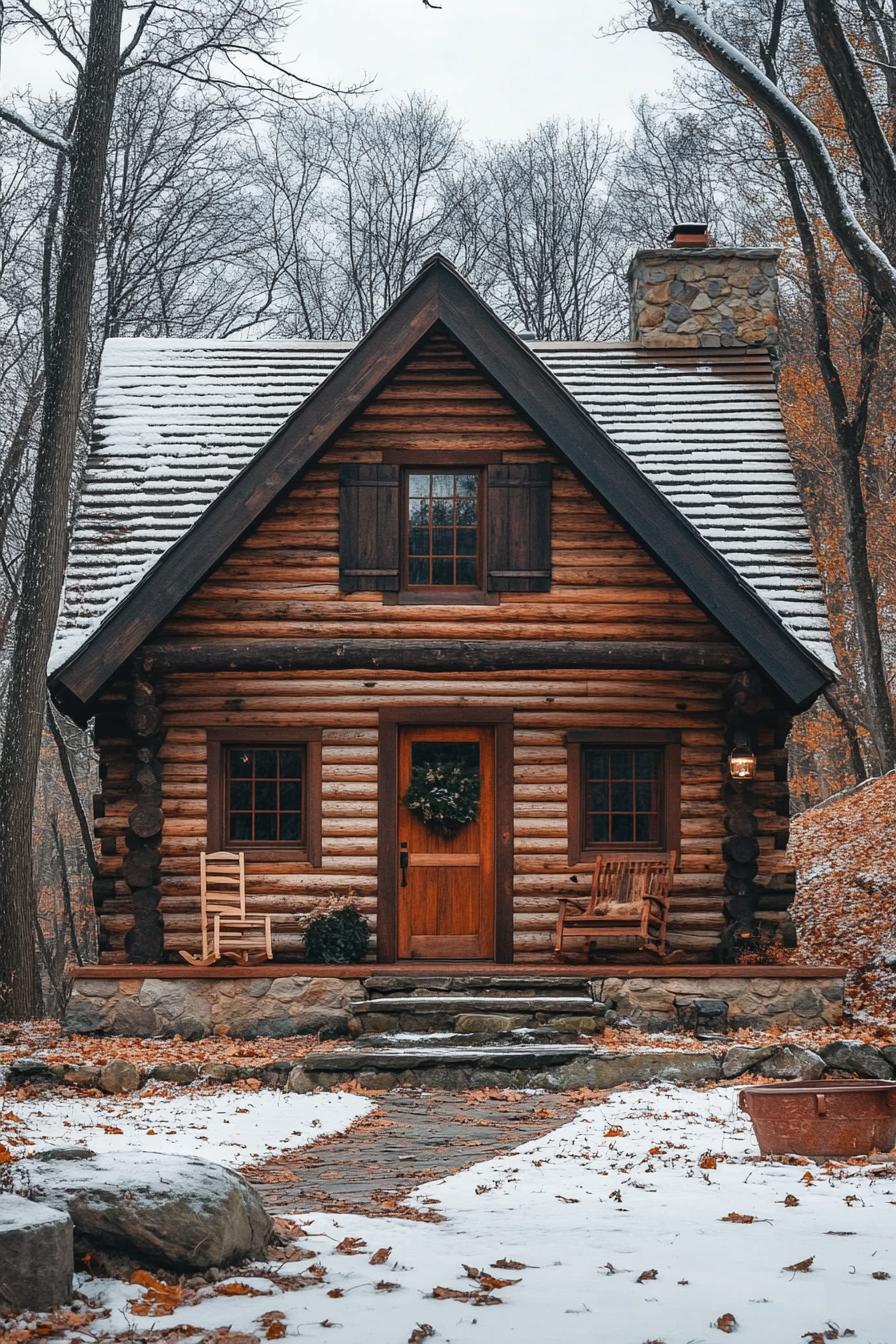 Snow-dusted log cabin with a stone chimney