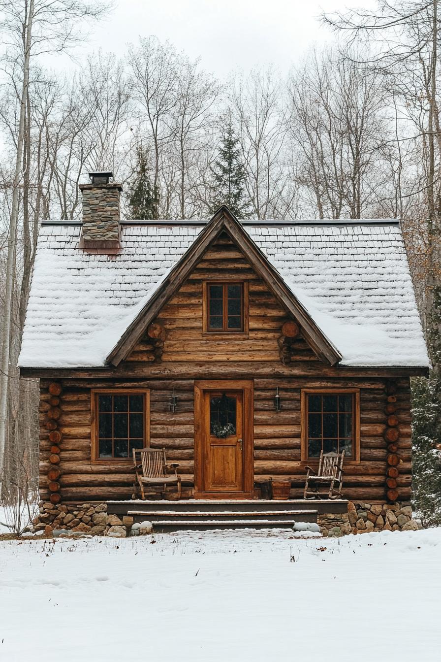 Quaint log cabin with snow-covered roof amidst trees