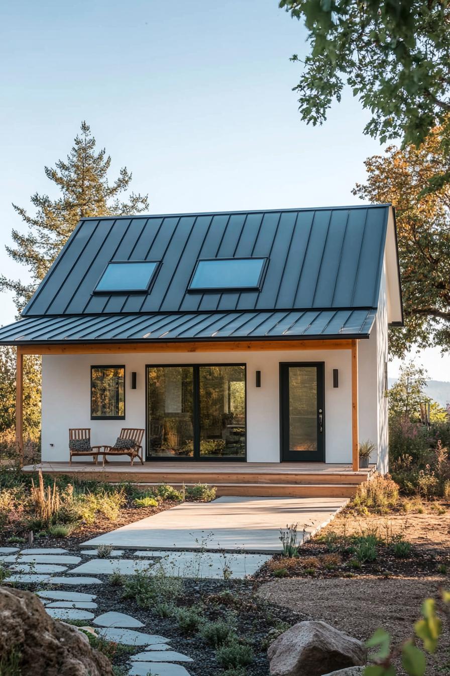 Compact metal house with a gable roof and cozy porch