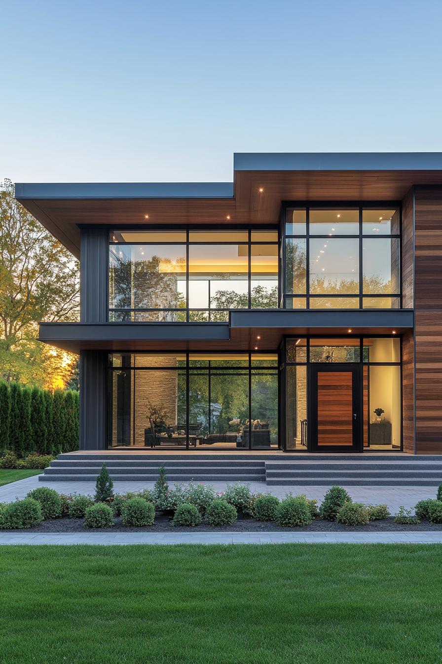 Contemporary house with glass walls and wooden accents