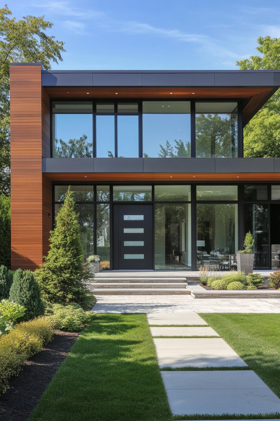 Modern house with large glass panels and a wooden facade