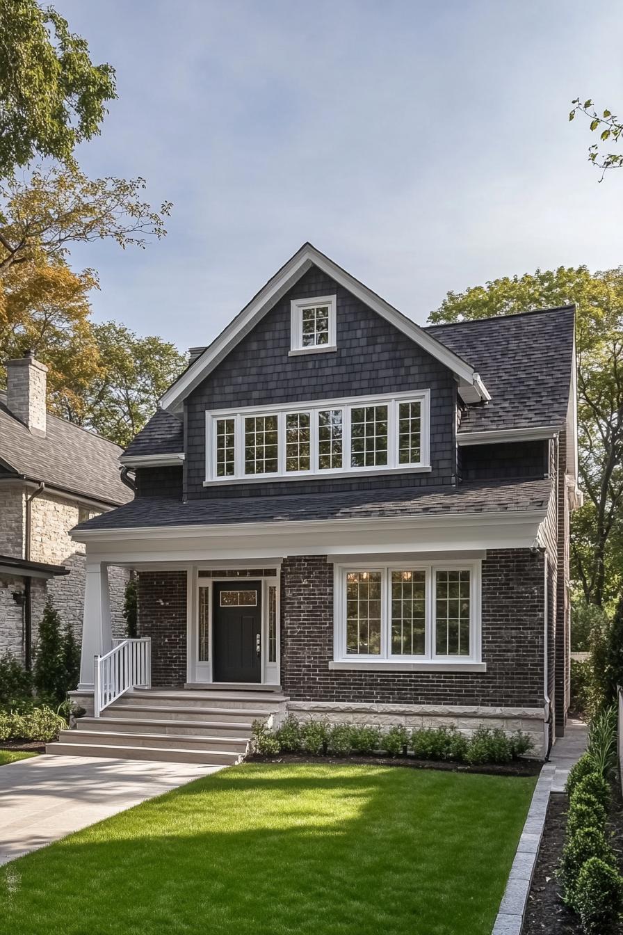 Modern house with dark shingles and a manicured lawn