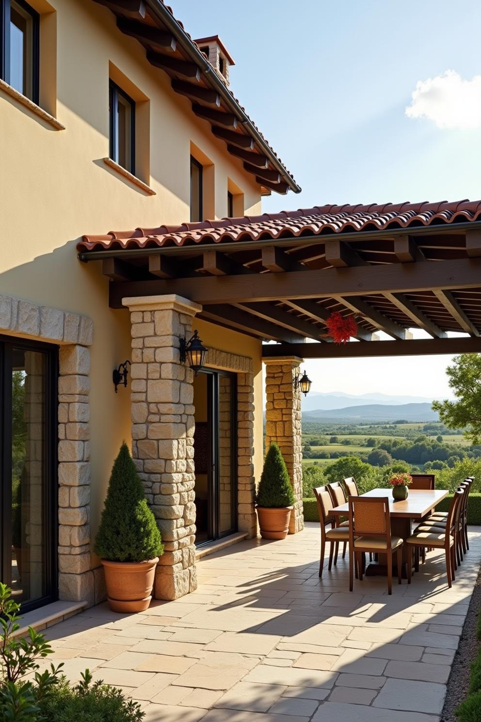 Sunlit patio with dining table by a stone villa