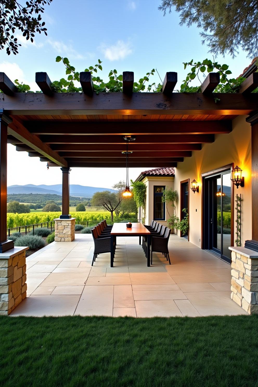 Outdoor dining area with a pergola and vineyard view