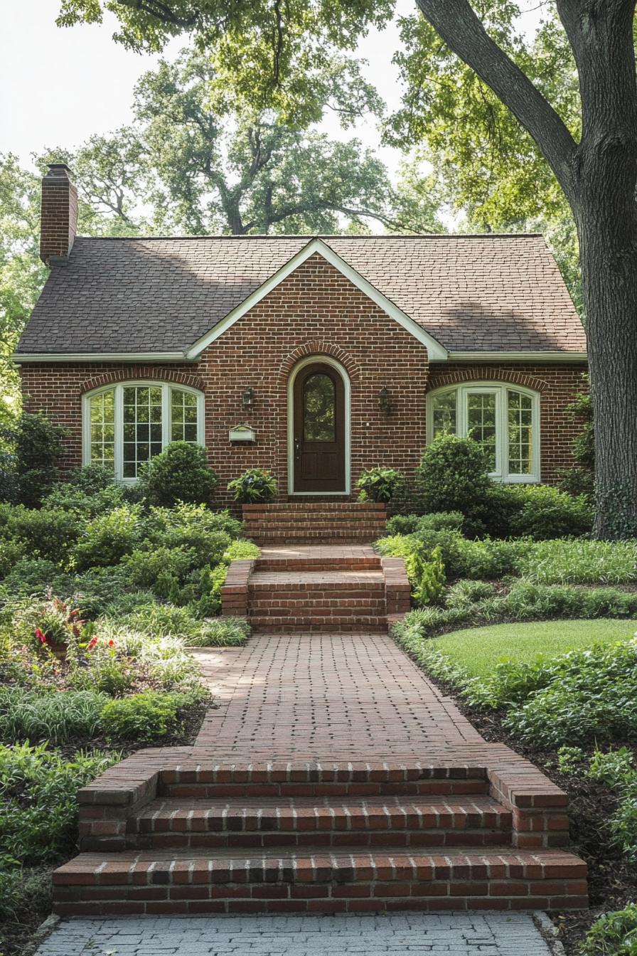 Quaint brick house with arched doorway and lush garden