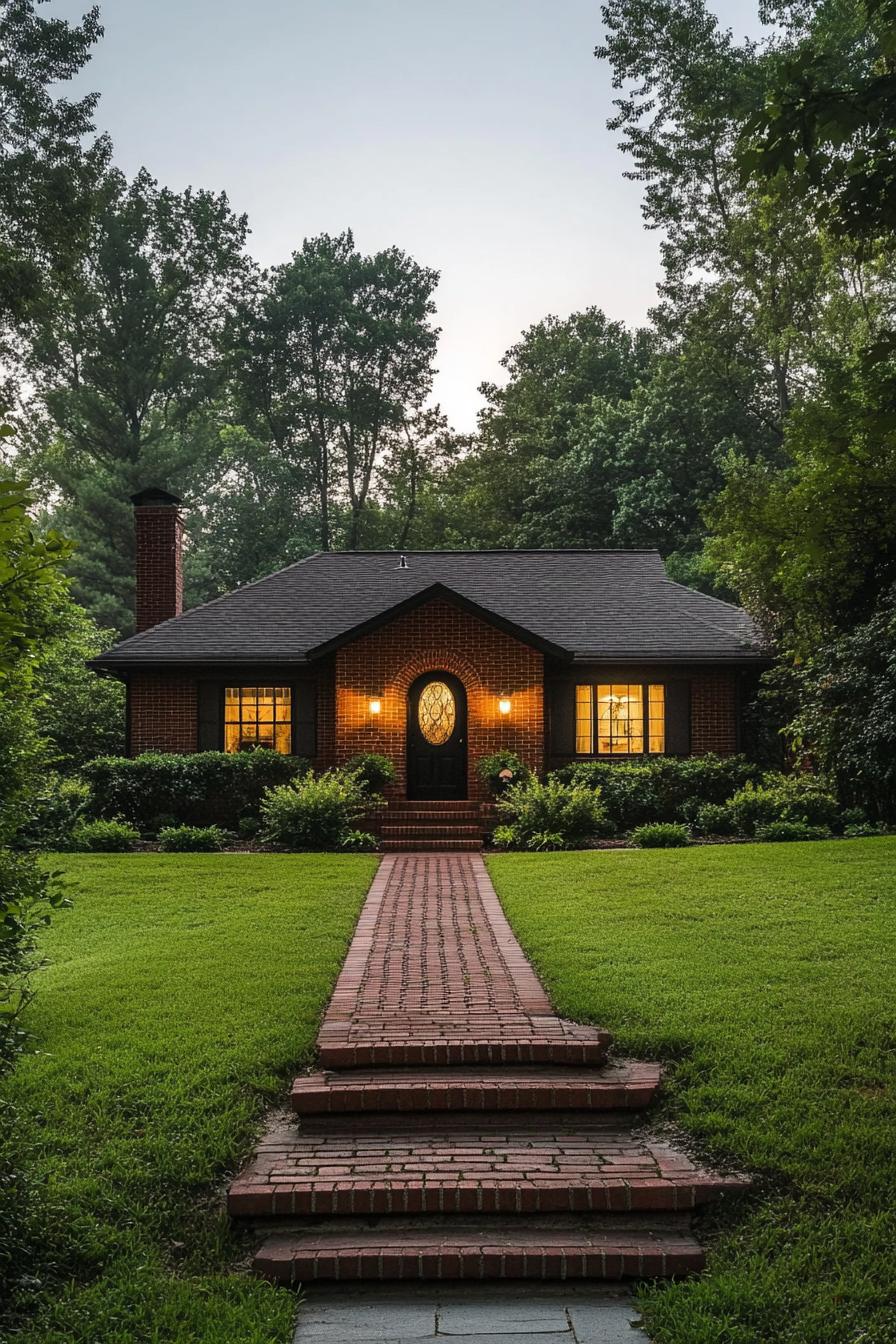 Inviting brick ranch house nestled among lush greenery