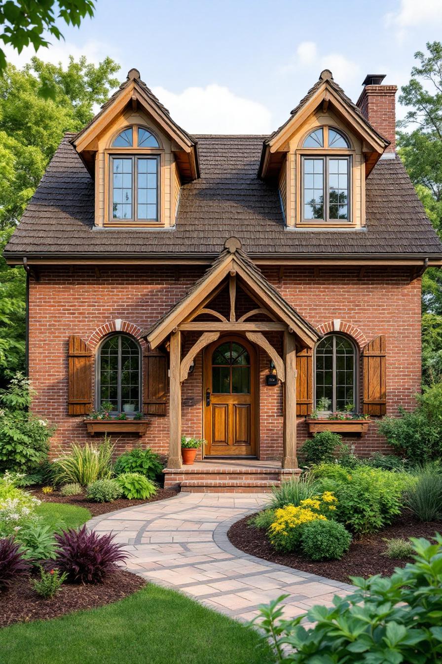 Charming brick house with wooden shutters and arched windows