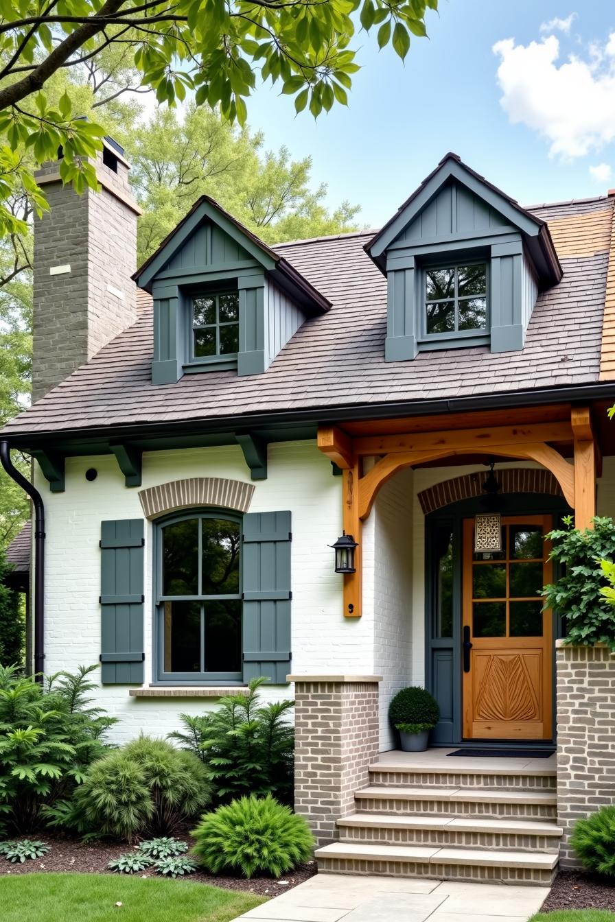 Cozy cottage with blue shutters and a tall chimney