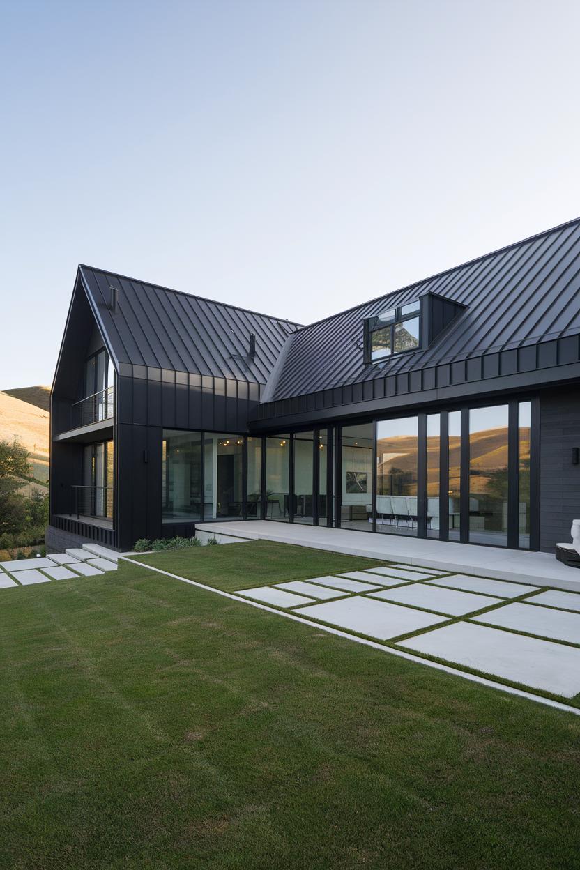 Contemporary black house with gabled roofs and large windows