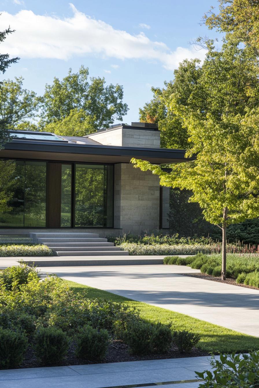 Modern house with glass and stone design surrounded by greenery