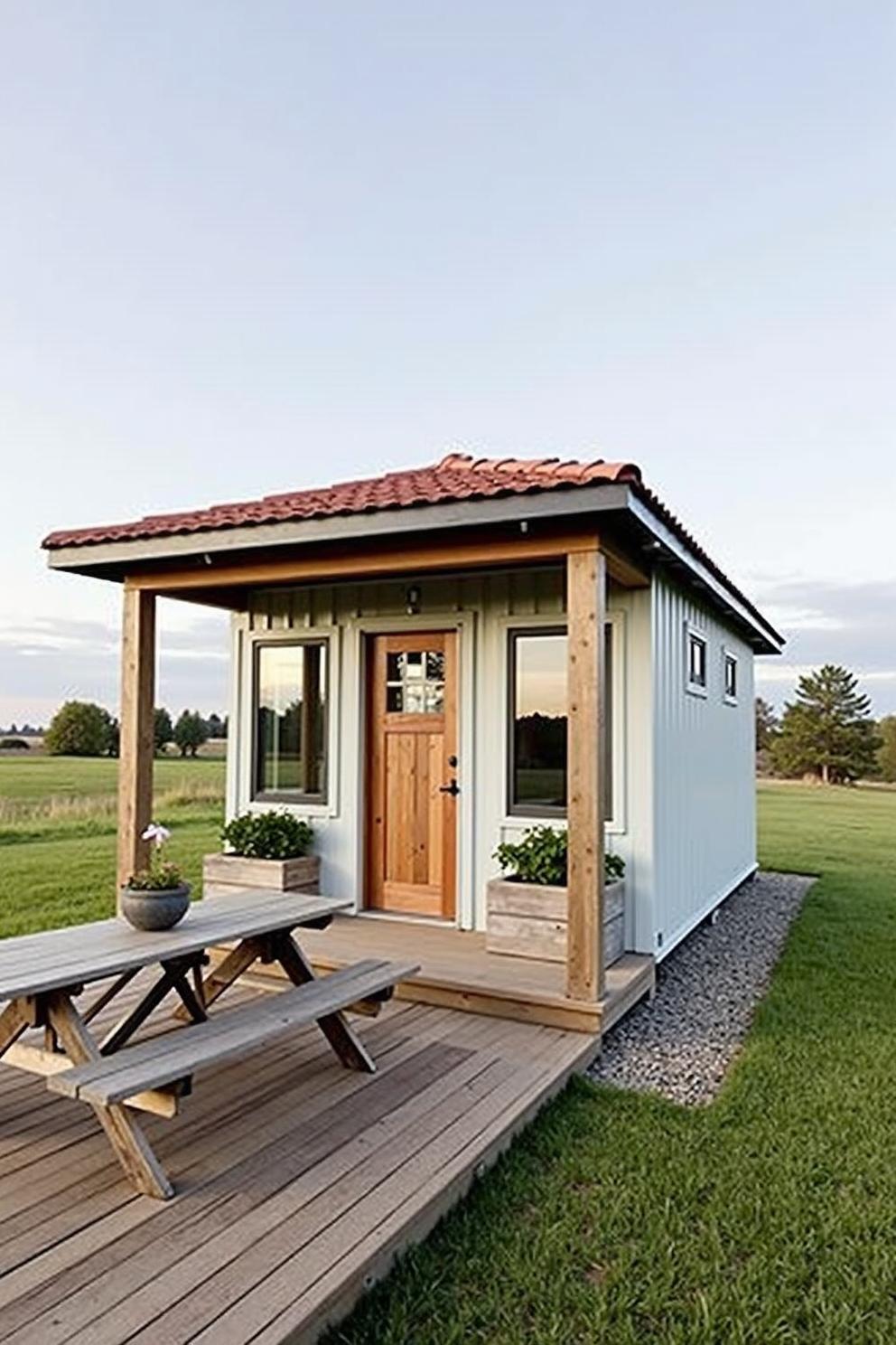 A contemporary tiny house constructed from a repurposed shipping container this dwelling features a minimalist facade with clean lines and a neutral 1