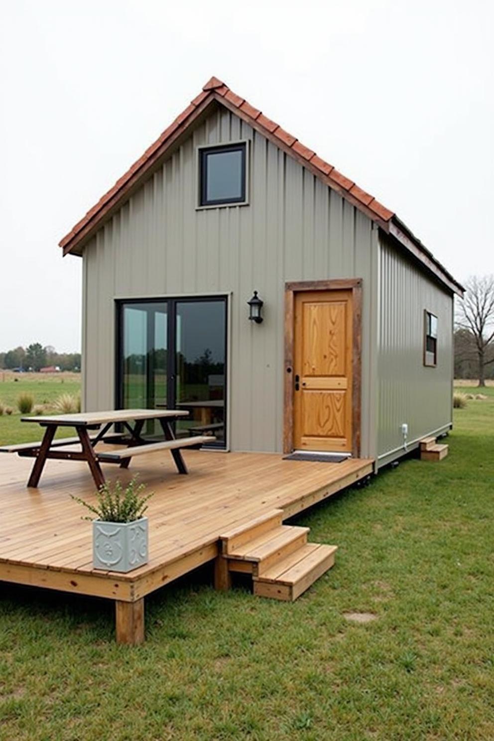 Tiny house with wooden deck and picnic table