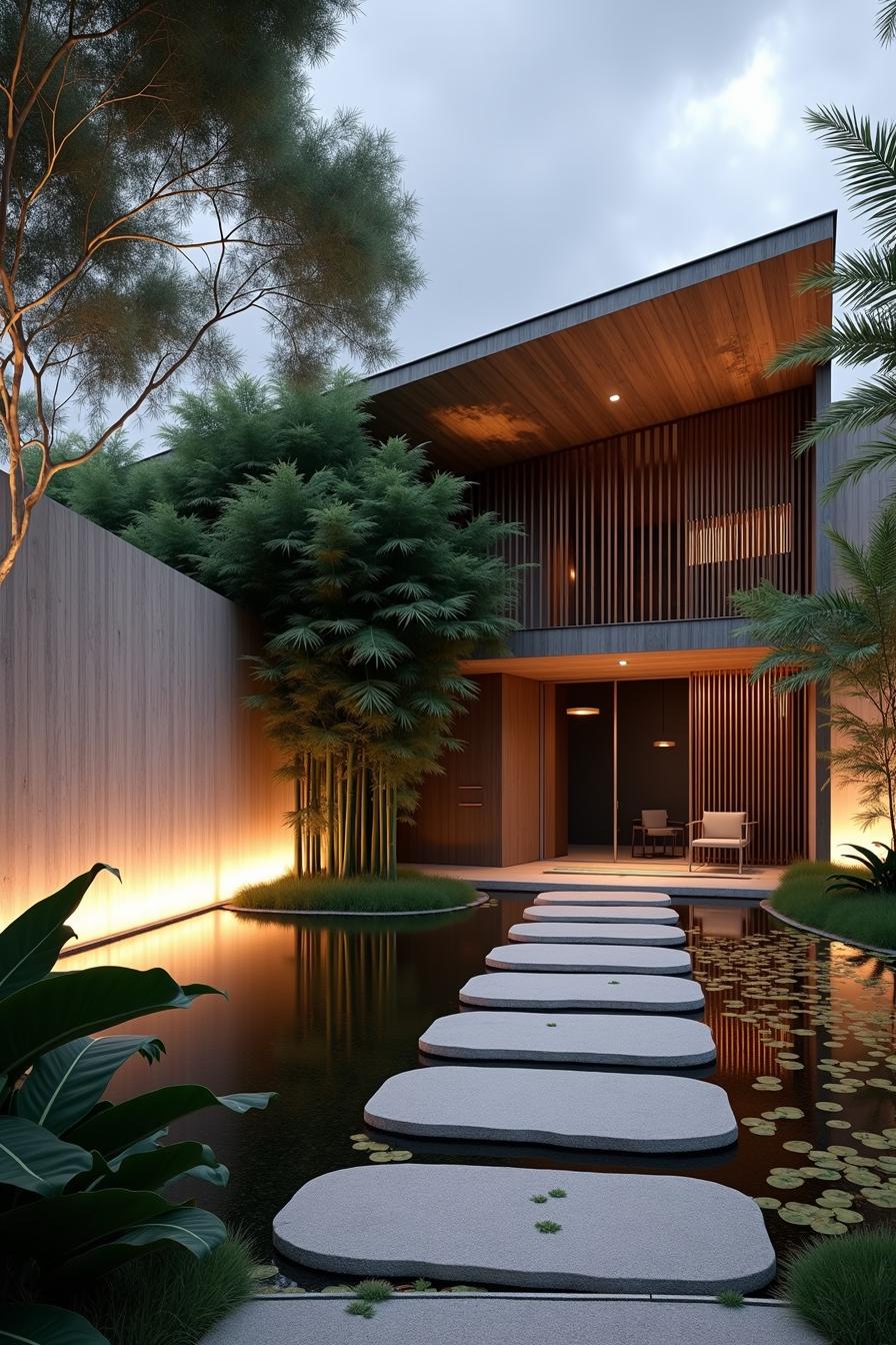 Modern house with a water feature and stepping stones