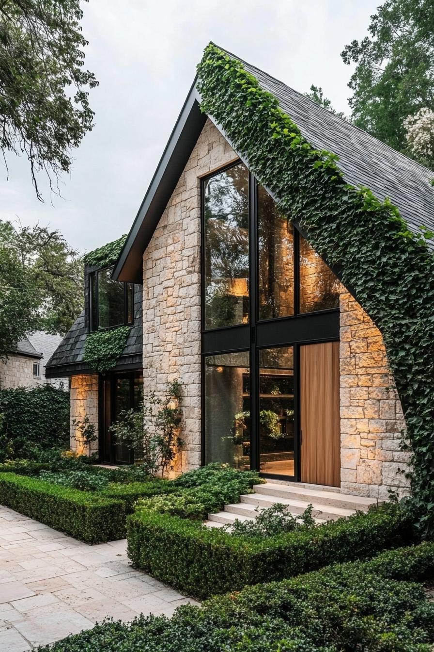 Stone house with large windows and ivy-covered roof