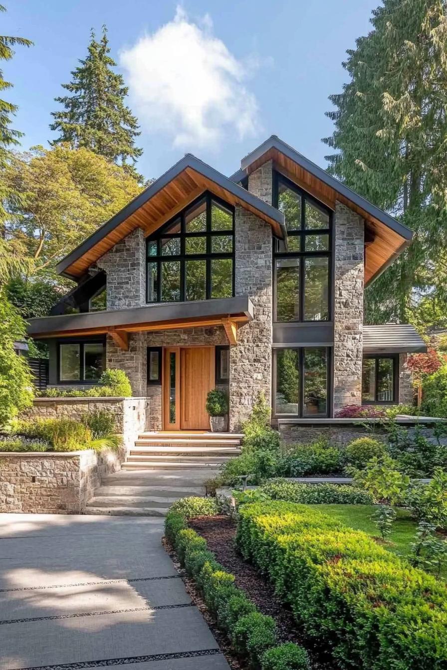 Modern stone cottage with large windows surrounded by lush greenery