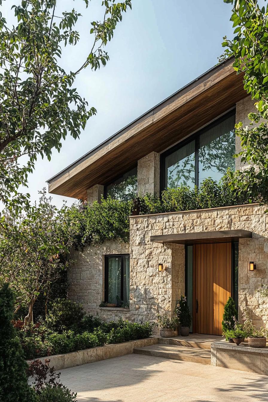 Inviting stone house with greenery and wooden accents