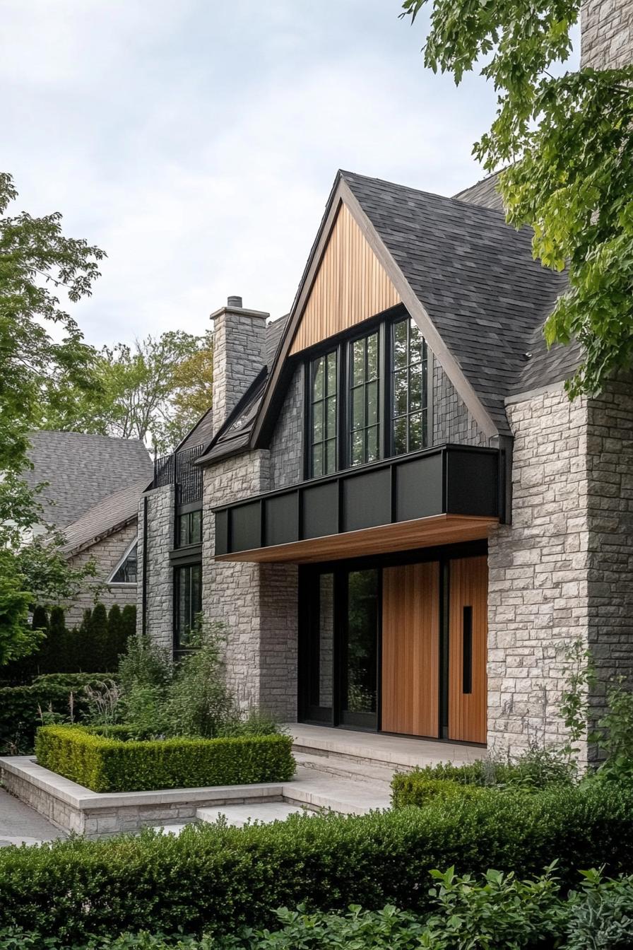 Contemporary stone cottage with sleek lines and greenery