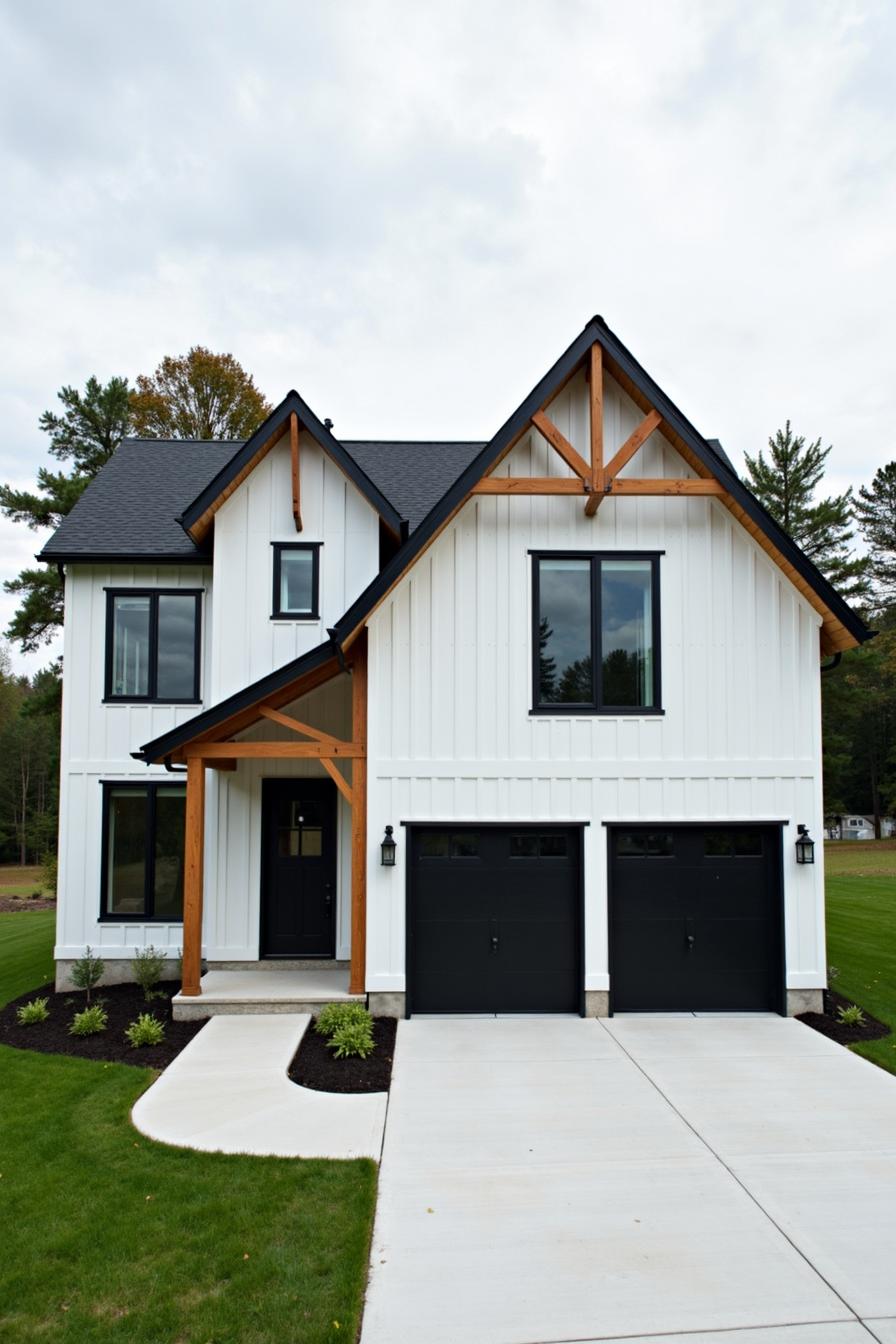 Modern white house with black accents and natural wood elements