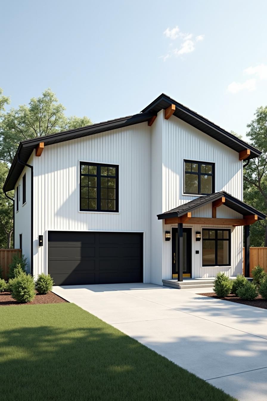 Modern white house with a black garage and wooden details