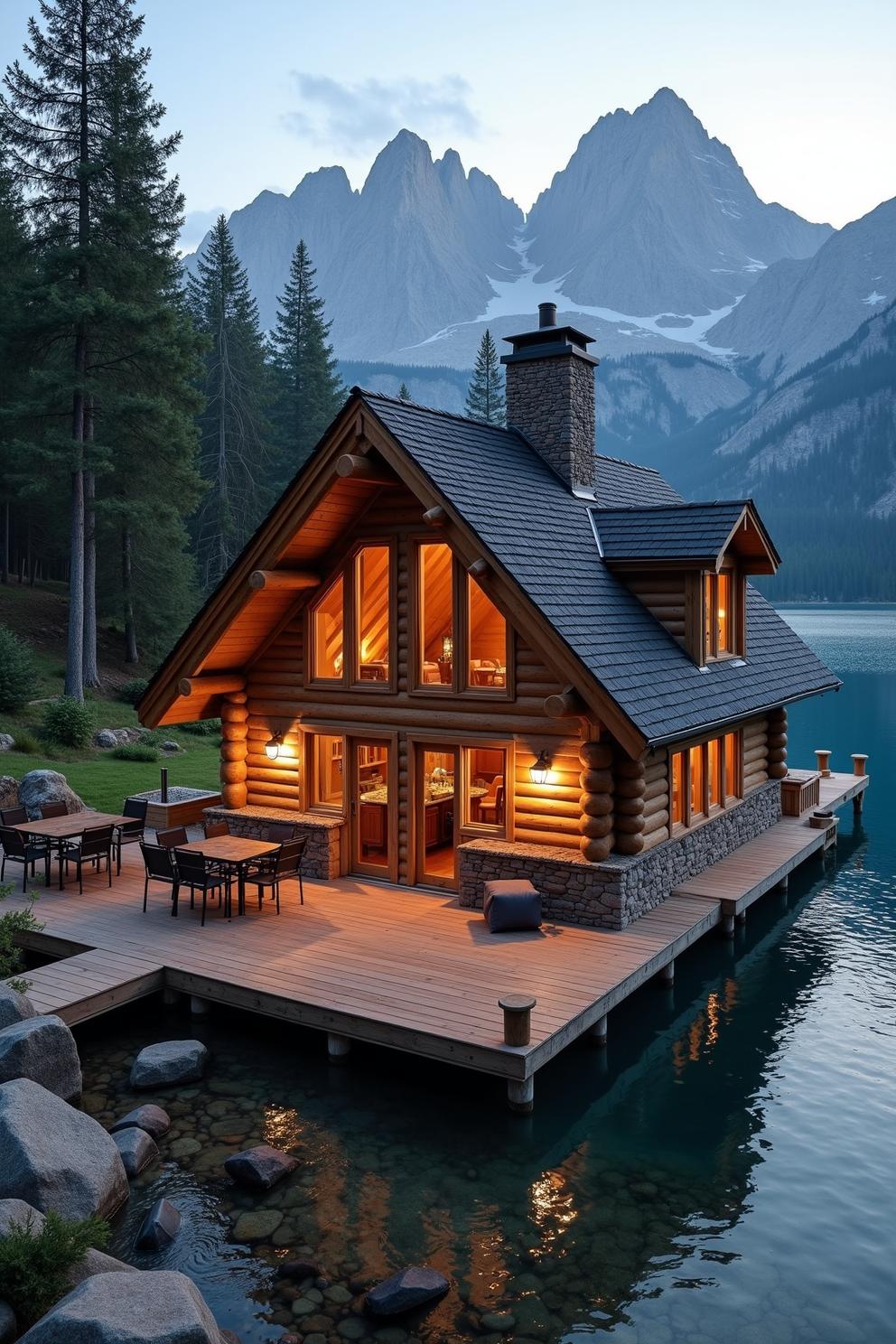 Cozy wooden cabin by a serene lake surrounded by mountains