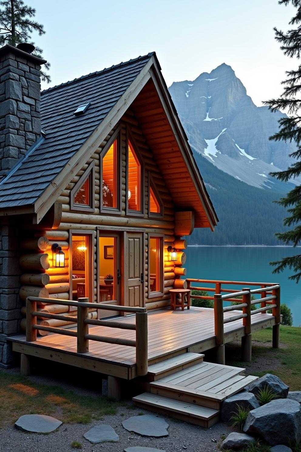 Warm log cabin with a mountain backdrop