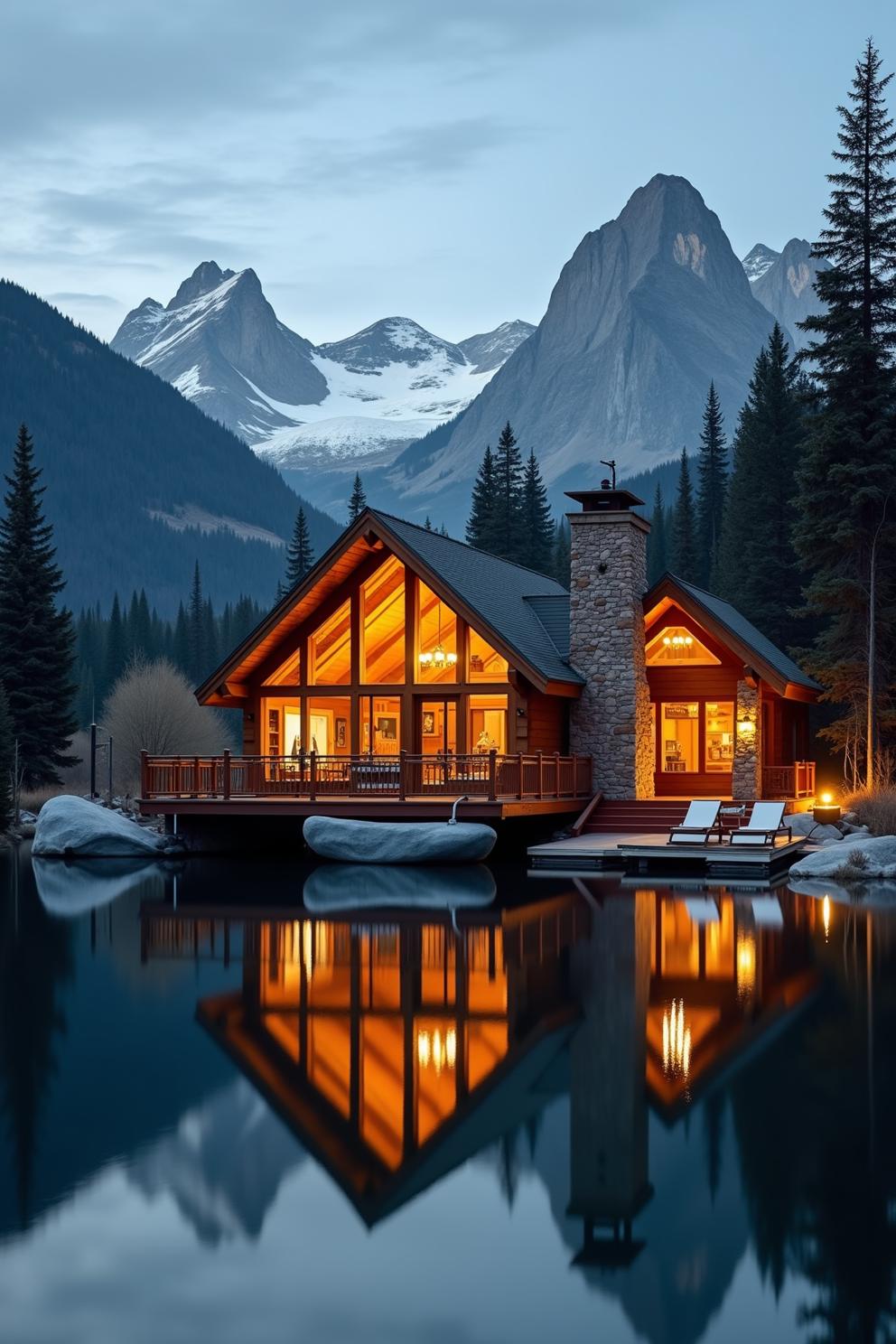 Warm lakefront cabin with mountain backdrop