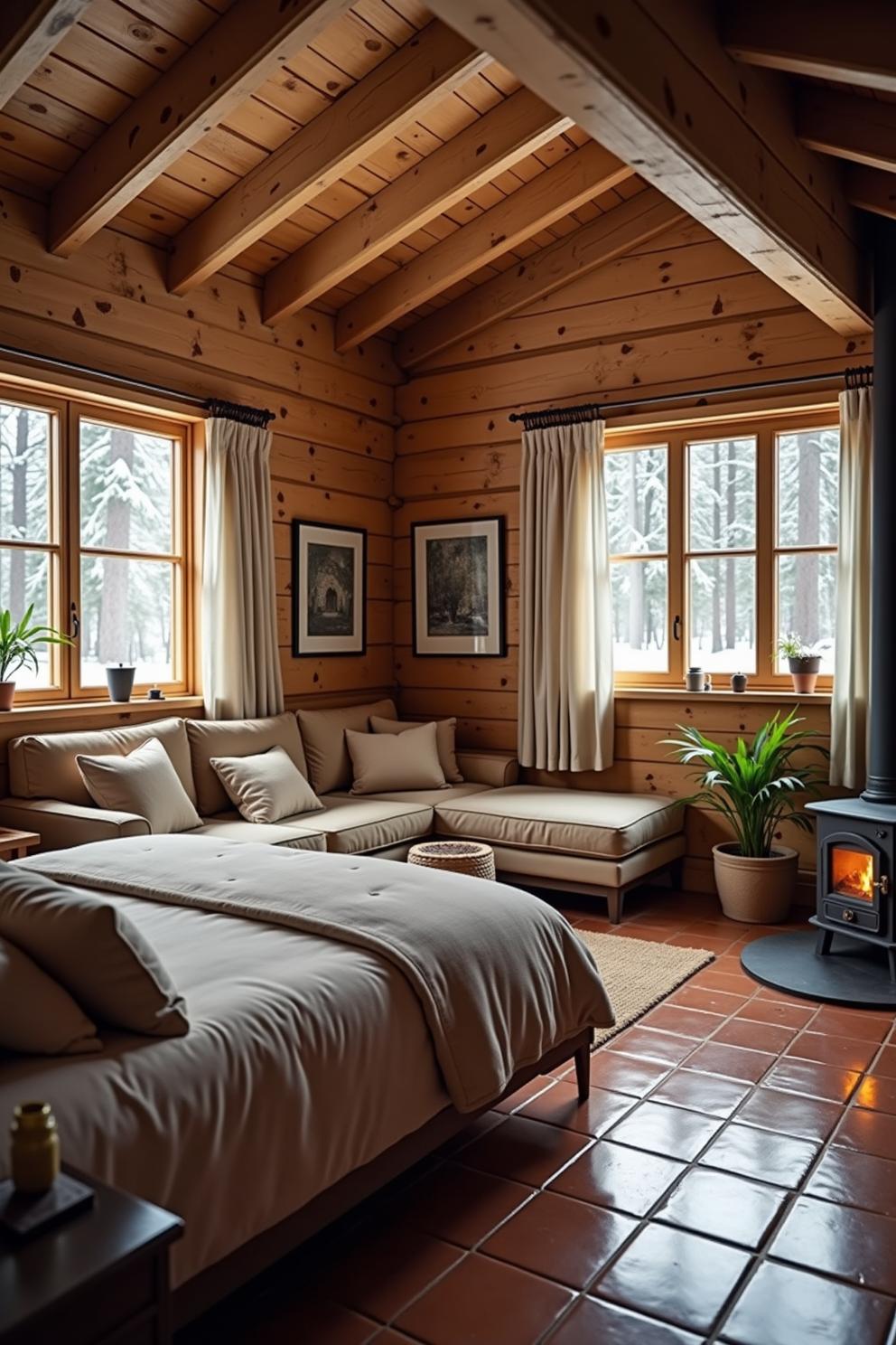 Cozy cabin interior with wooden beams and a crackling stove