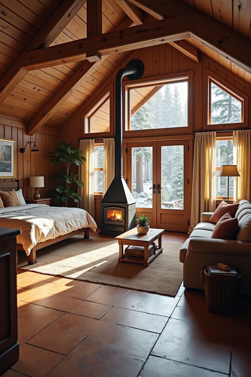 Sunlit cozy cabin interior with a wood-burning stove