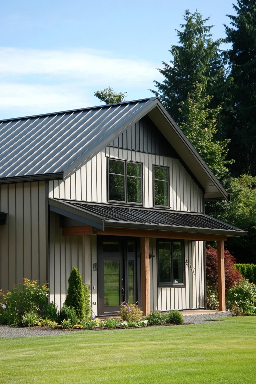 Modern metal house with large windows and manicured lawn