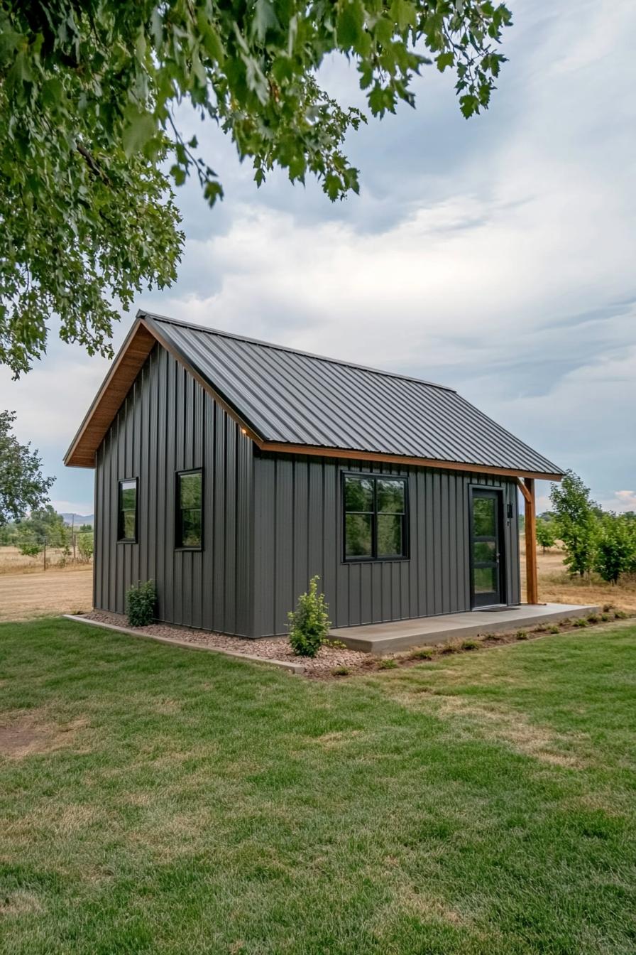 Small metal home with gabled roof in a grassy landscape