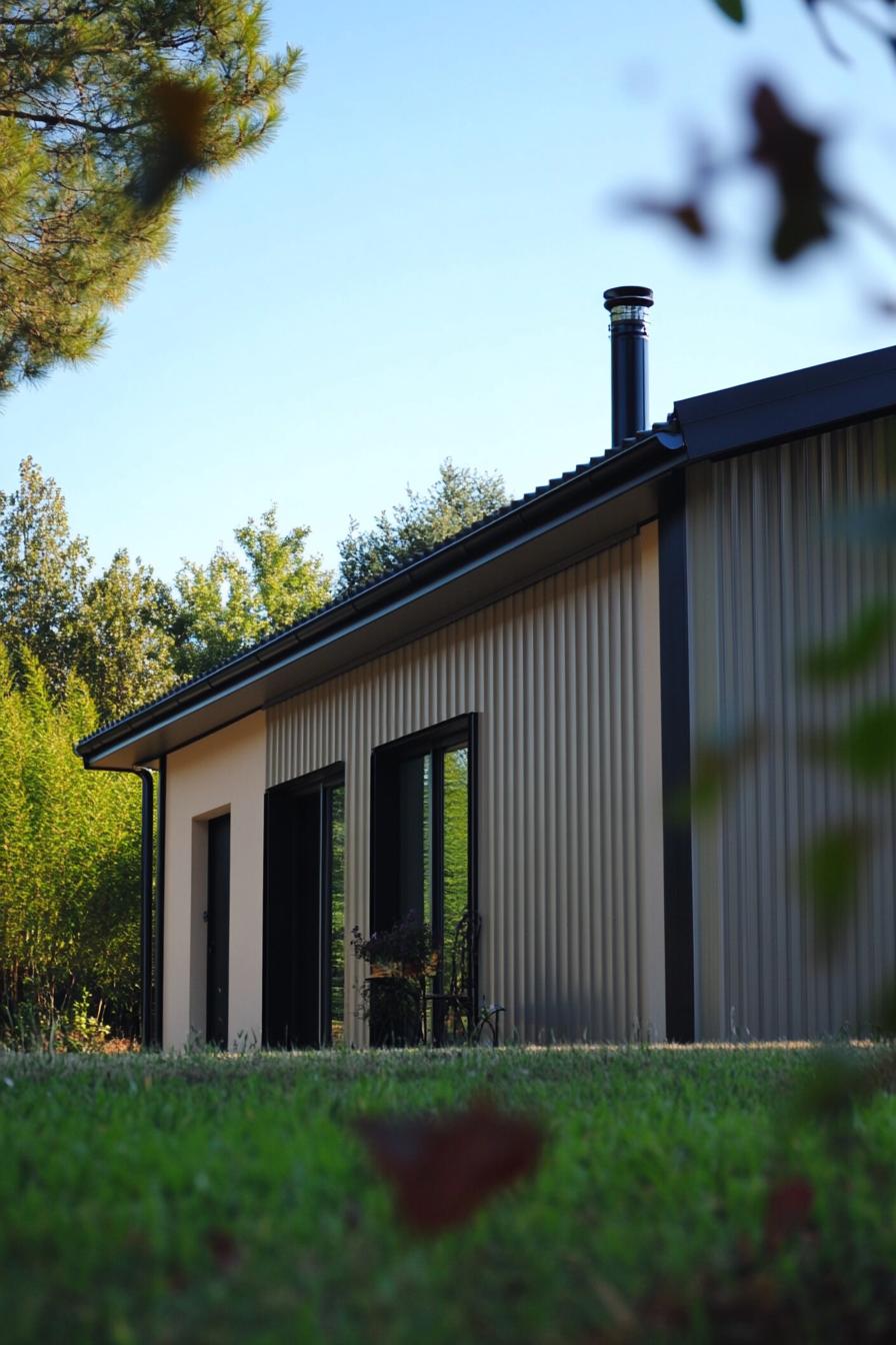 Compact metal building with chimney surrounded by trees