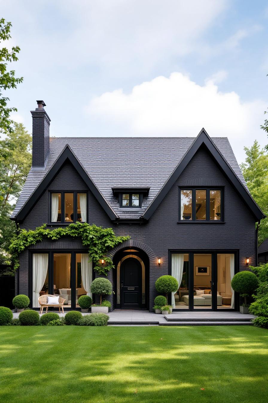 Dark modern suburban house with arched doorway