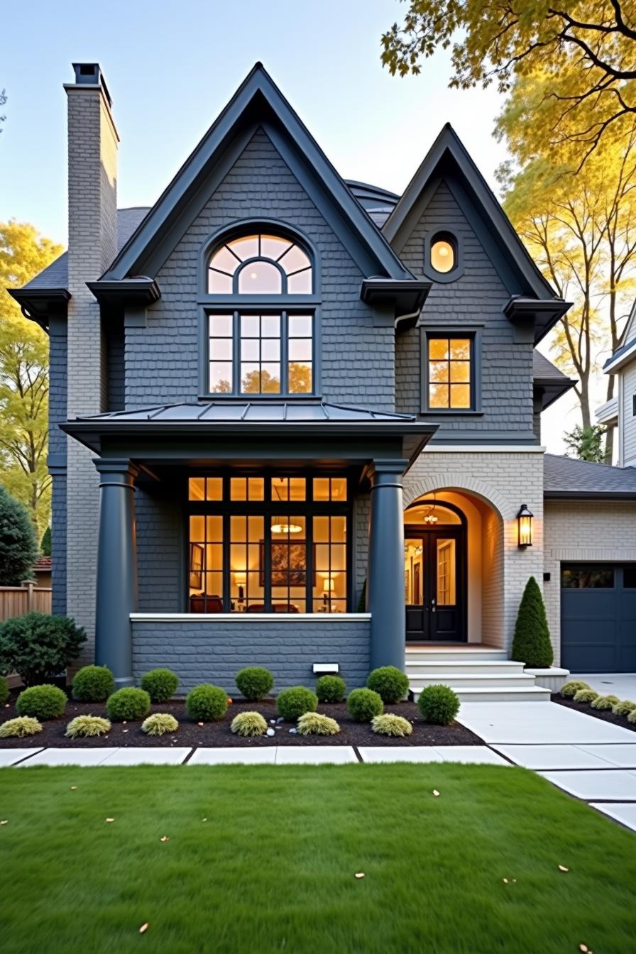 Elegant suburban house with arched windows and lush lawn