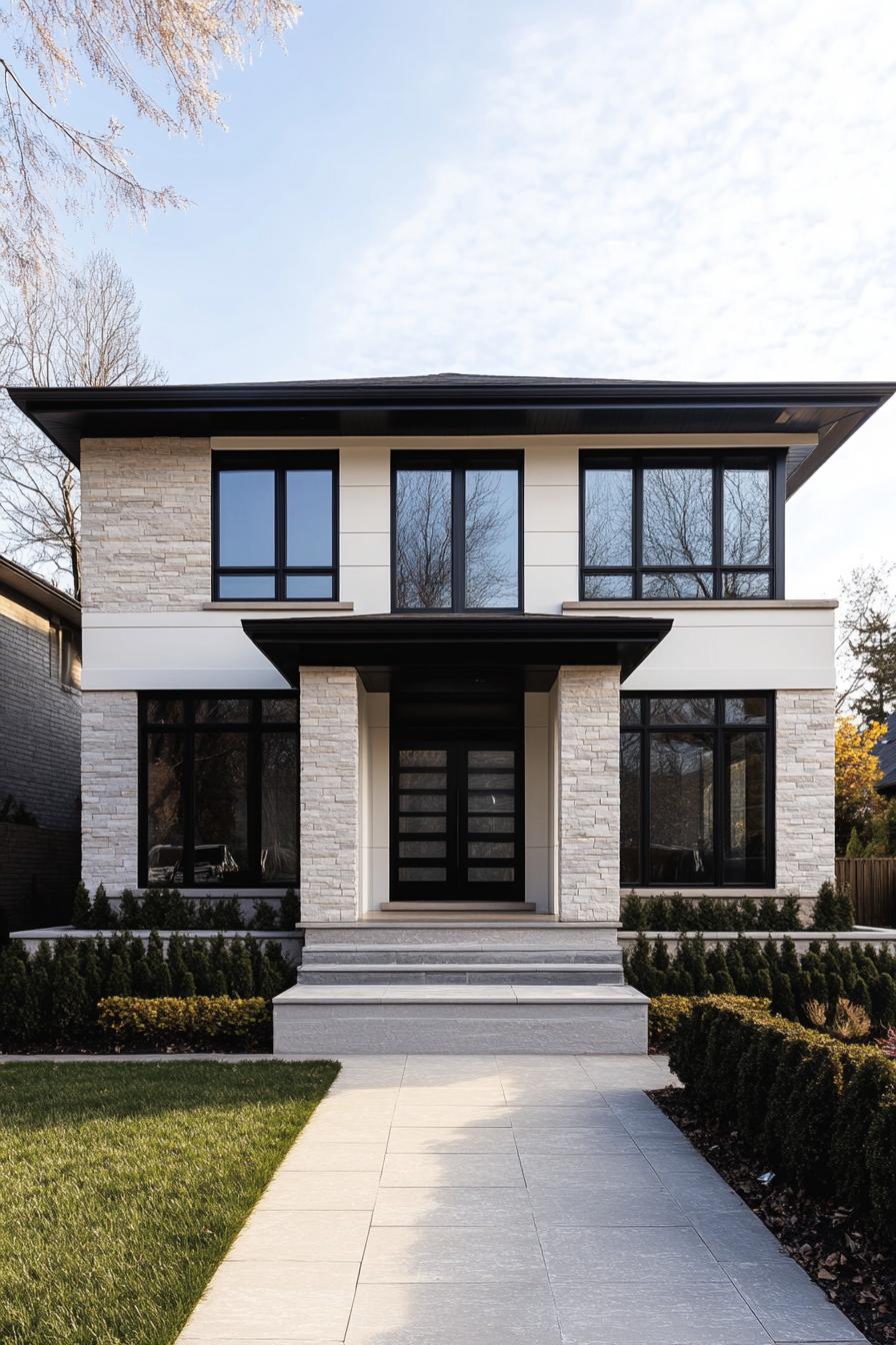 Modern two-story house with stone and large windows