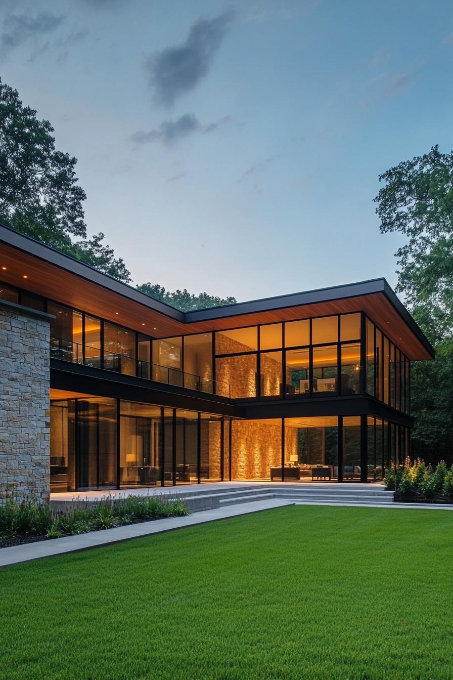 Modern house with glass walls and a spacious lawn