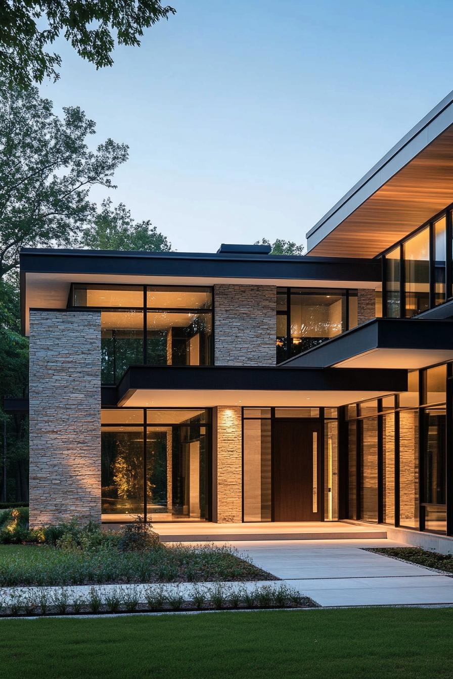 Modern house with large windows and stone pillars at twilight