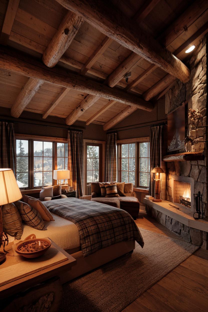 Rustic cabin bedroom with a roaring fireplace and plaid accents