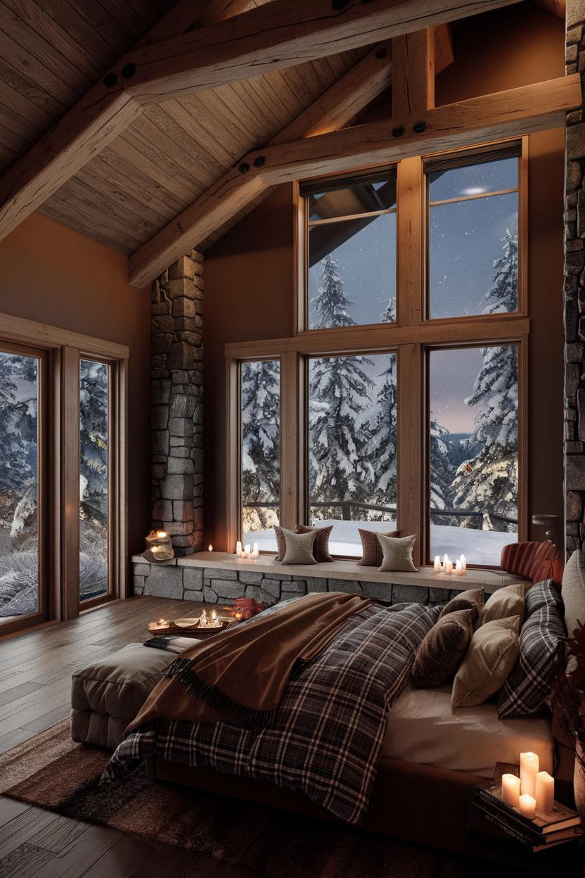 Cozy winter cabin interior with candles and a view of snow-laden trees