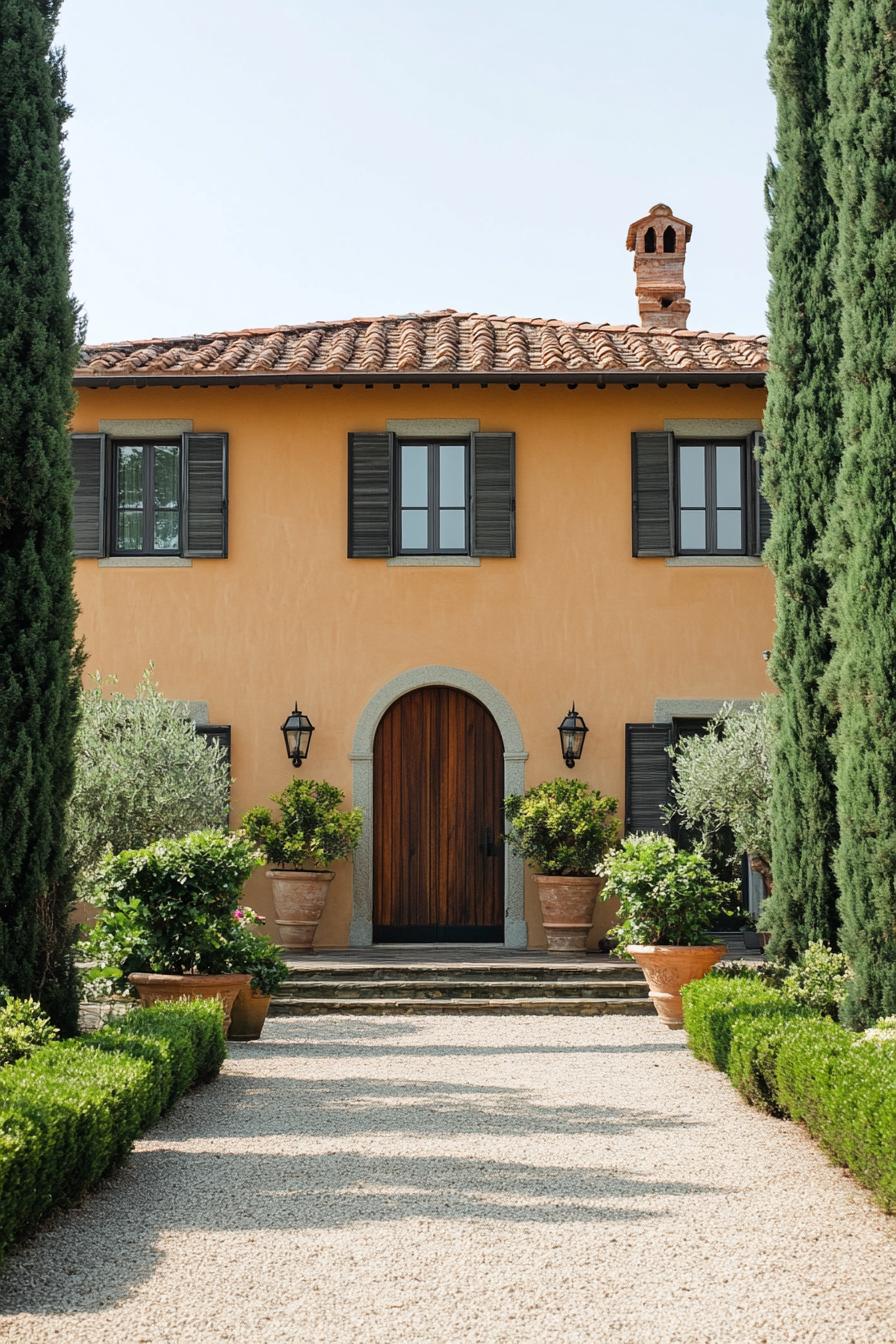 Italian farmhouse with orange walls and green shutters