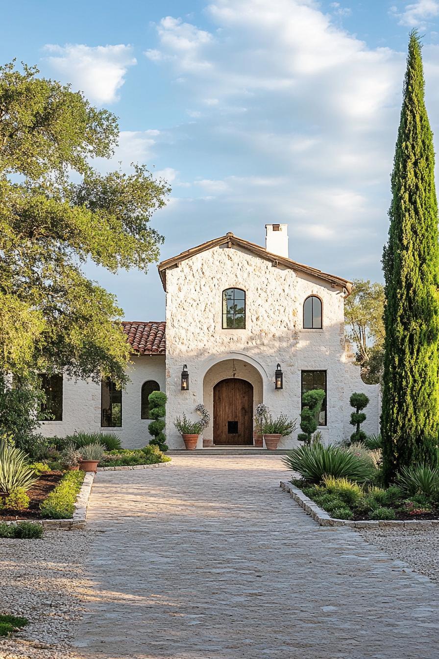 Italian farmhouse with rustic charm and traditional architecture showcases a stucco facade with natural earth tones. The structure utilizes terracotta 2