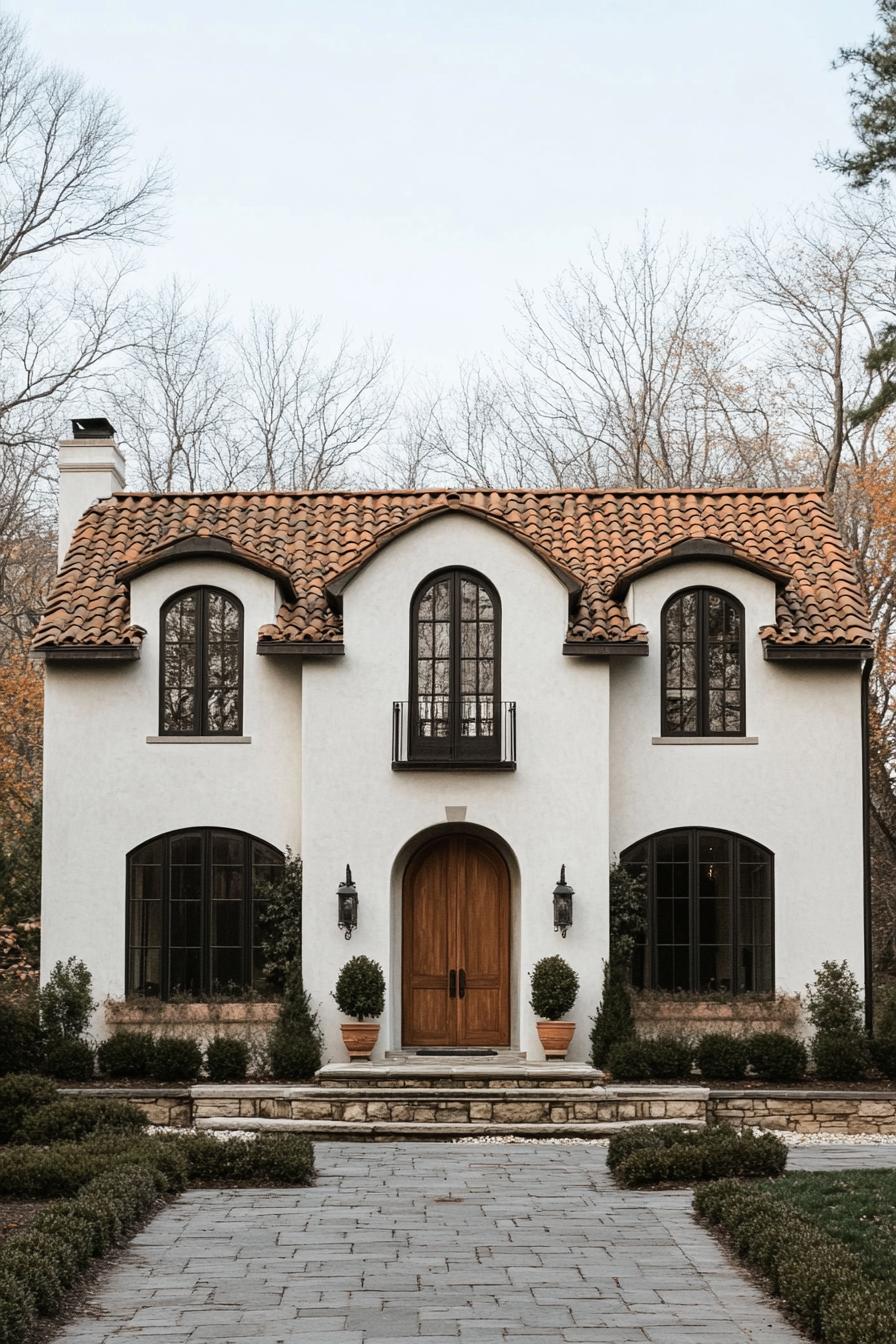 Elegant Italian farmhouse with arched windows and terracotta roof