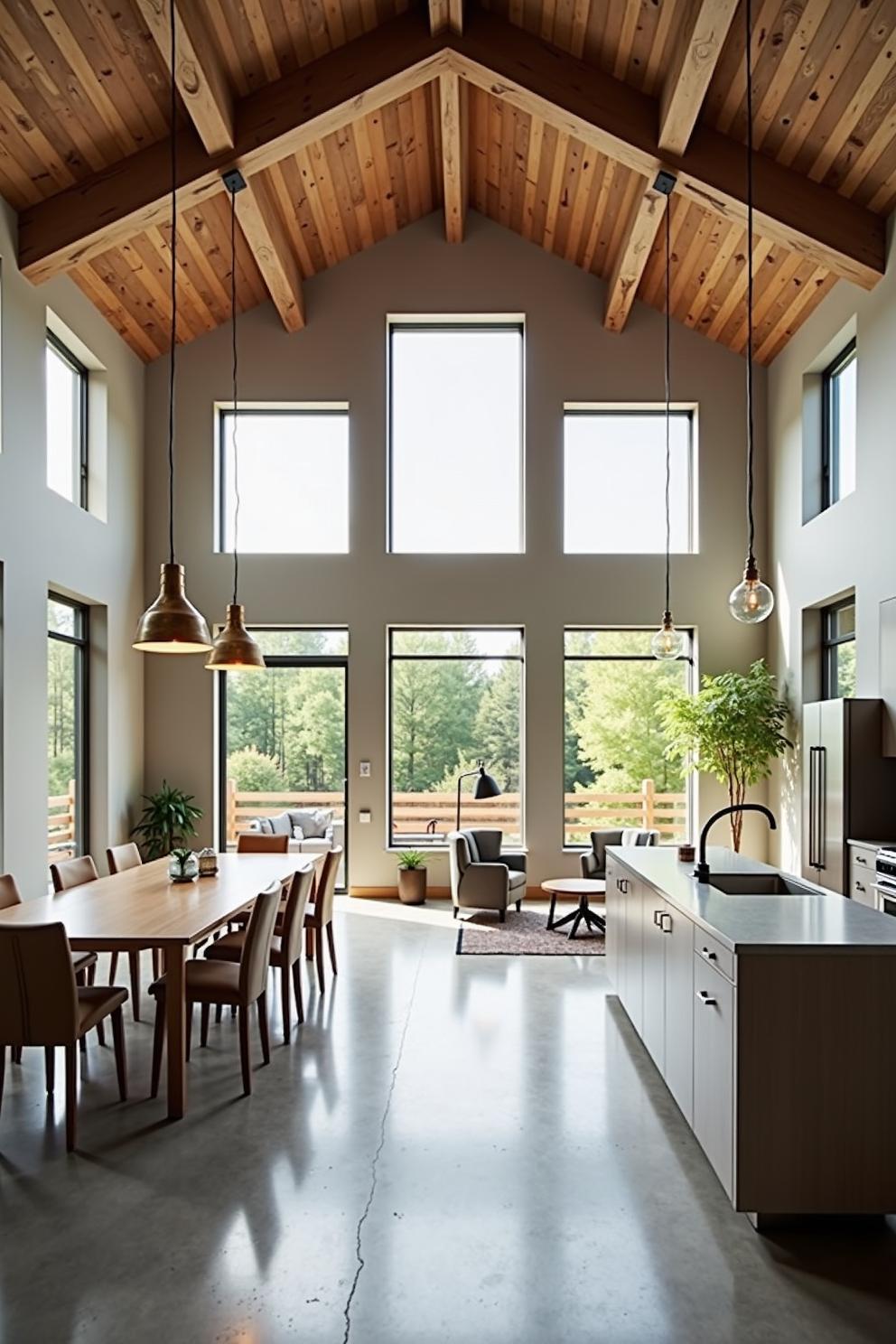 Open-plan loft with large windows and exposed beams